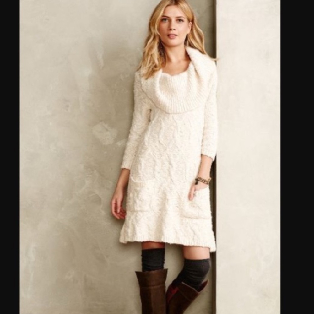 Anthropologie Cream Cable Knit Sweater Dress